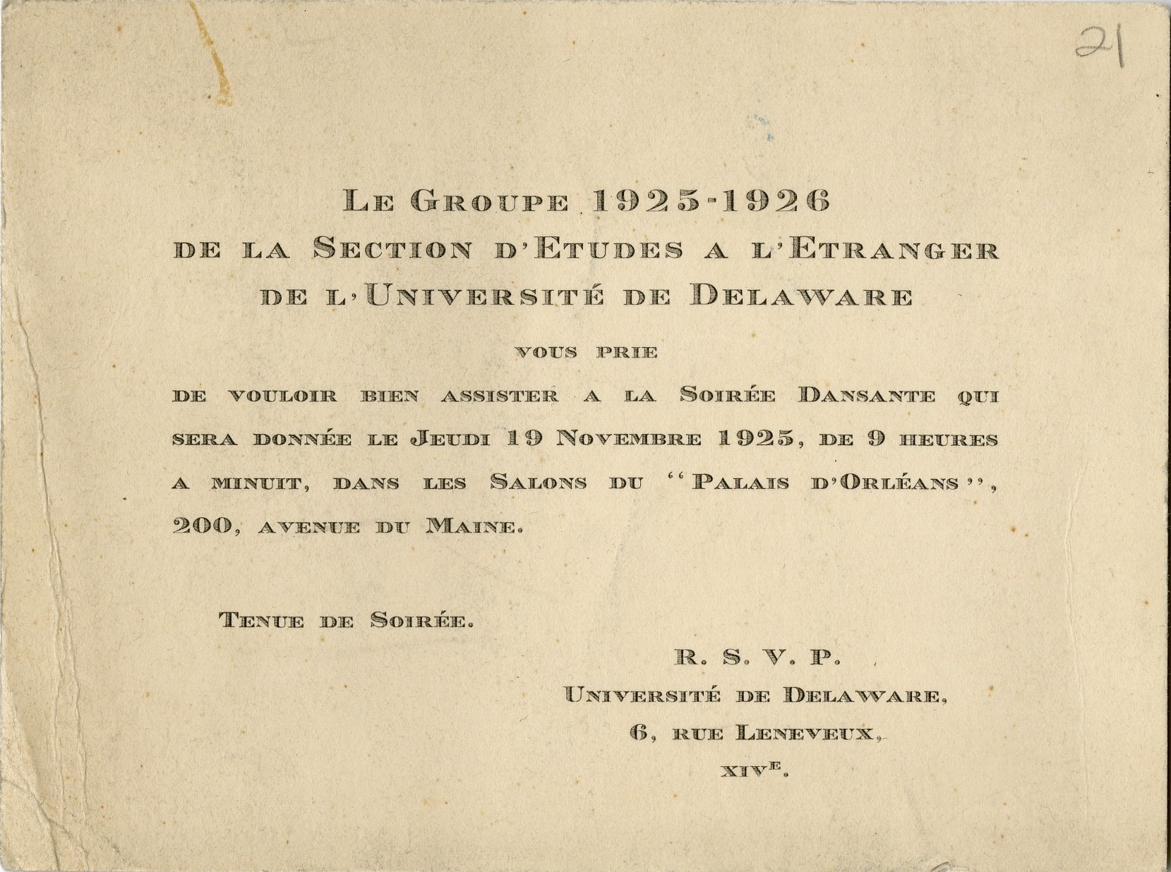 Invitation to LE GROUPE 1925-1926 DE LA SECTION D’ETUDES A L’ETRANGER DE L’UNIVERSITÉ DE DELAWARE