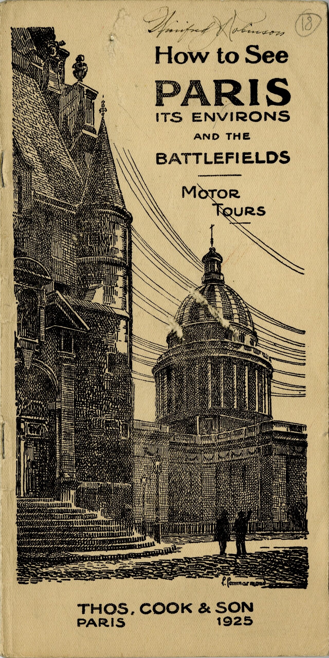 Front of 1925 Thos. Cook & Son travel brochure with a map of Paris