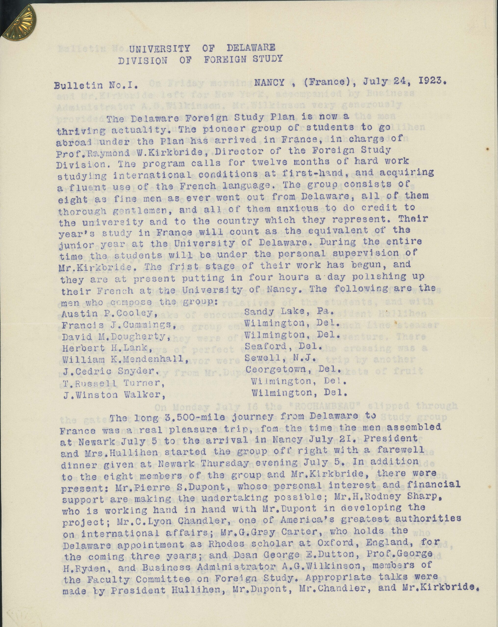 Division of Foreign Study – Bulletin No. 1, July 24, 1923