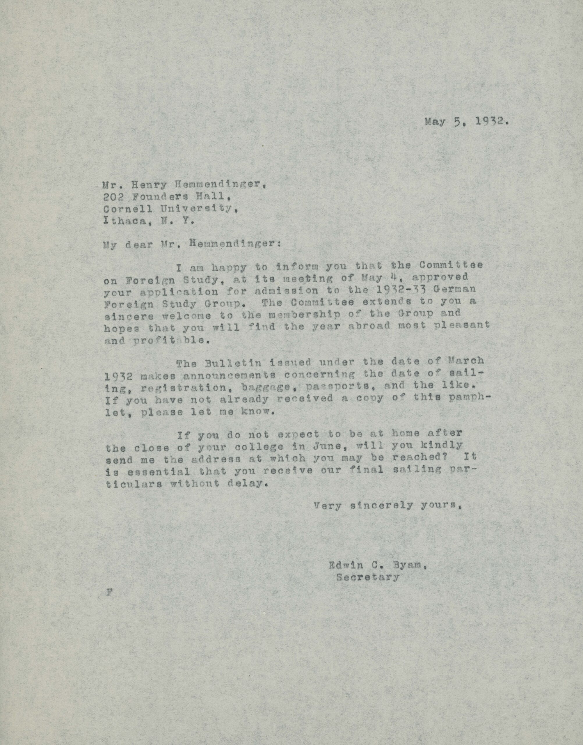 Henry Hemmendinger’s letter of acceptance to the program, May 5, 1932