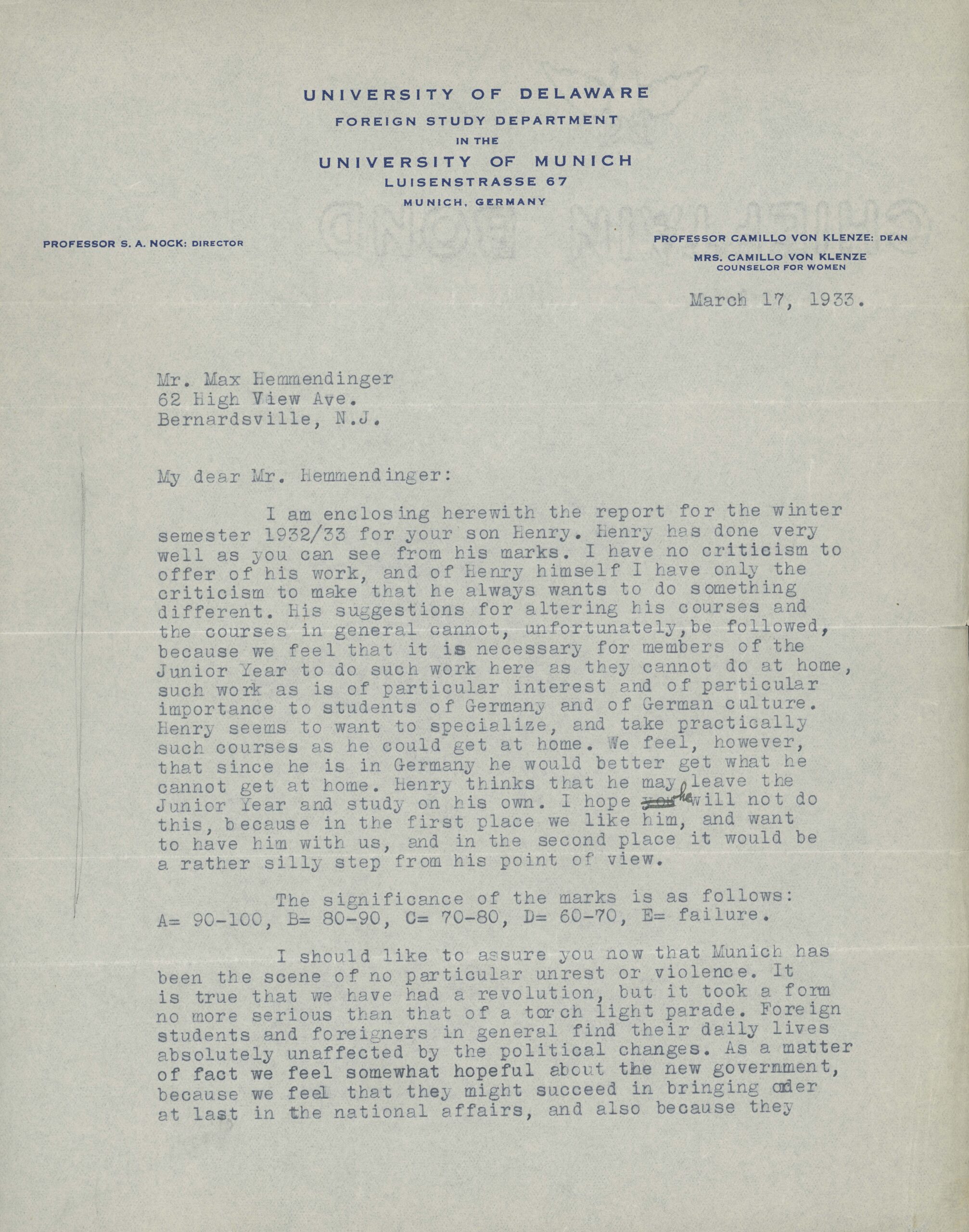 Letter to Mr. Max Hemmendinger from Samuel A. Nock, Director of the Foreign Study Plan in Munich, March 14, 1933 (page 1)