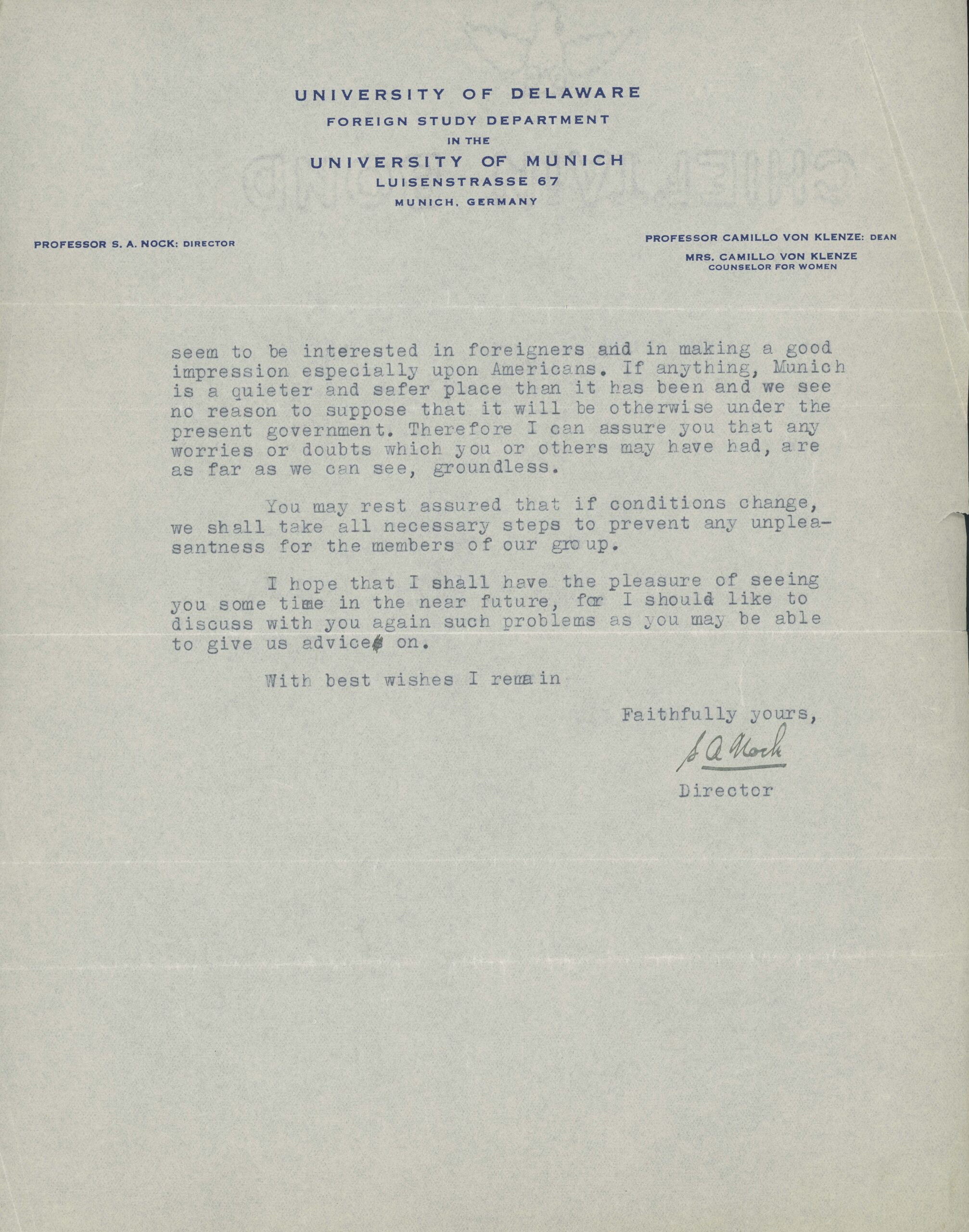 Letter to Mr. Max Hemmendinger from Samuel A. Nock, Director of the Foreign Study Plan in Munich, March 14, 1933 (page 2)