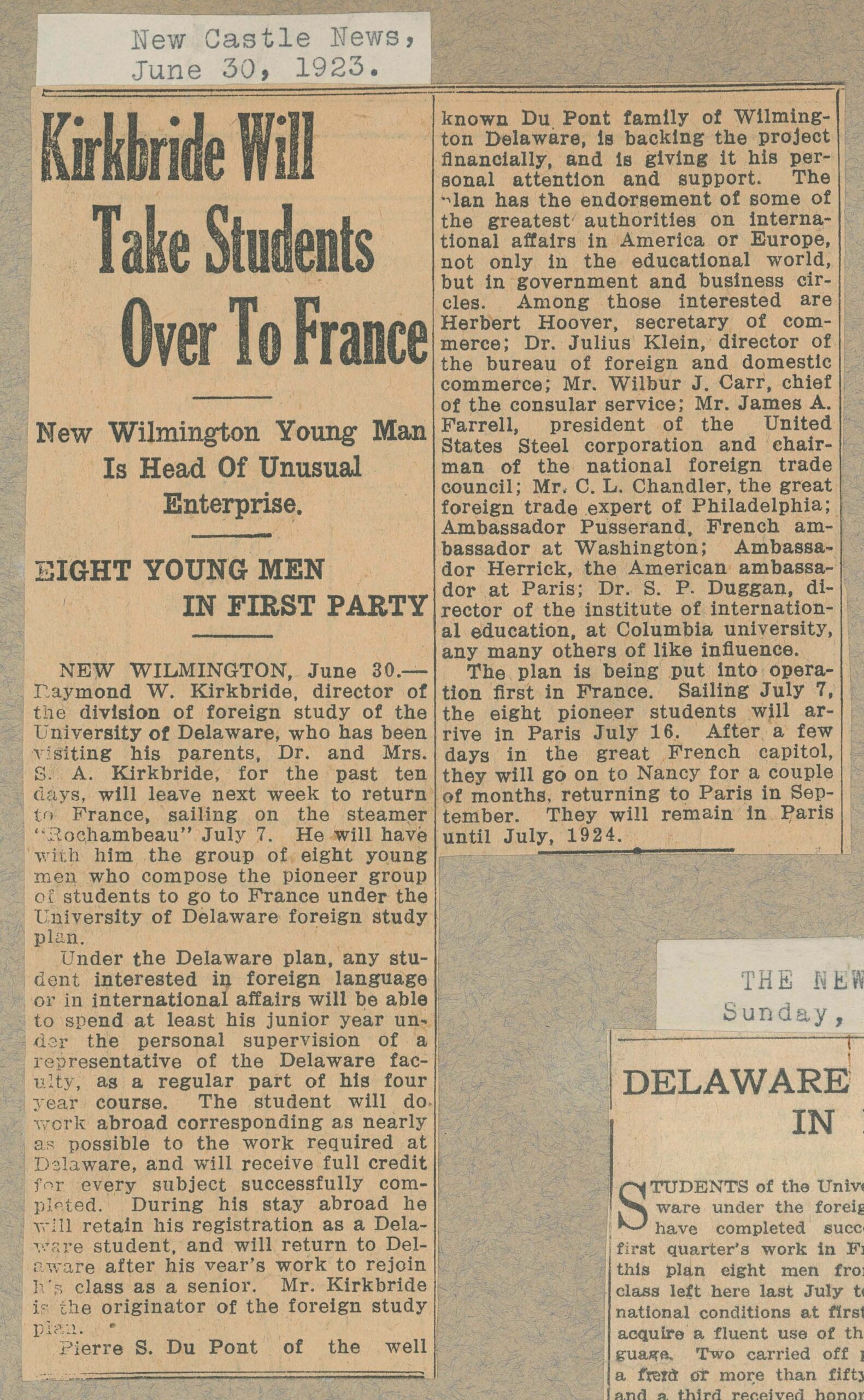 “Kirkbride Will Take Students Over To France” New Castle News, June 30, 1923