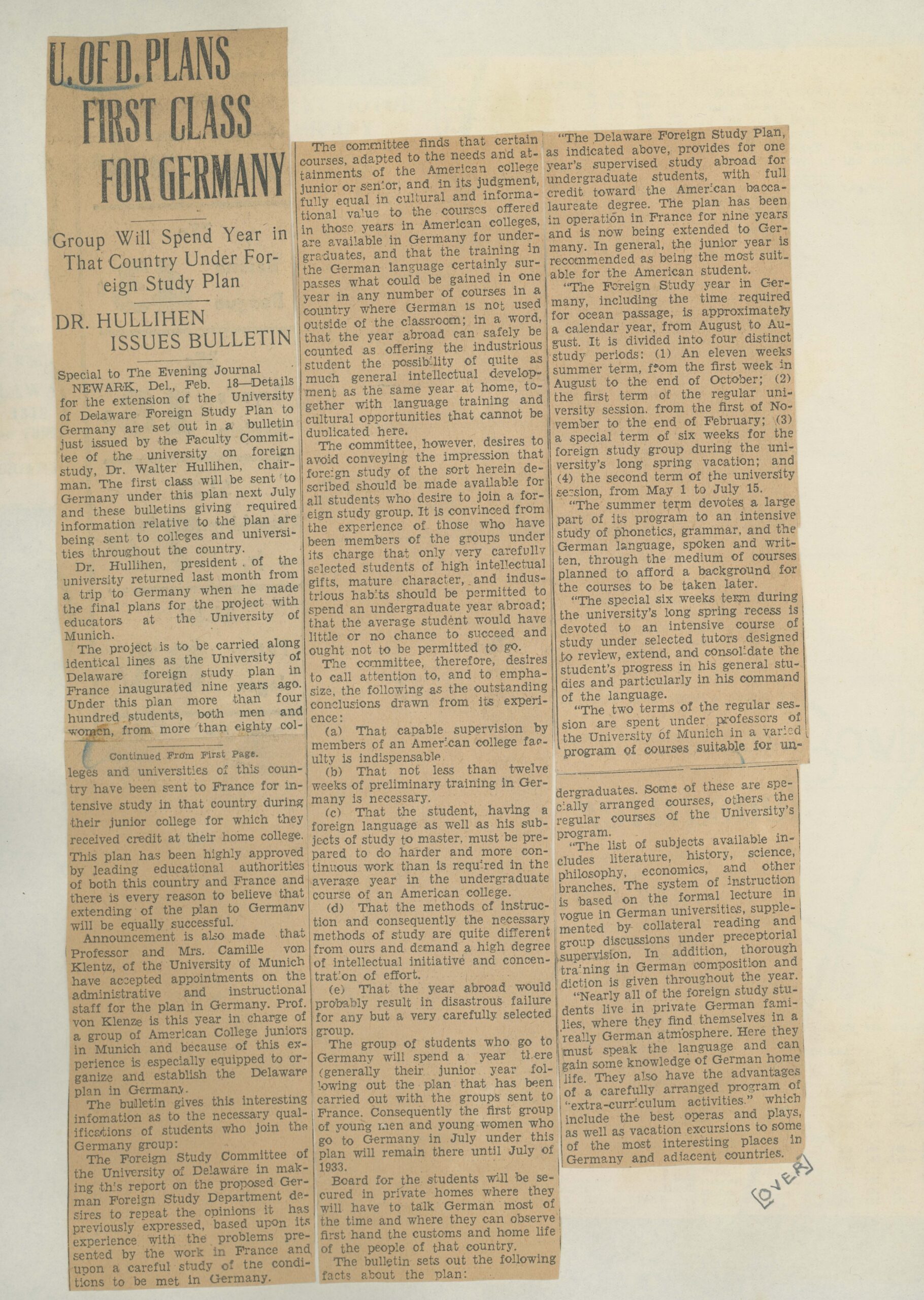 “U. of D. Plans First Class for Germany” The Evening Journal, February 16, 1932