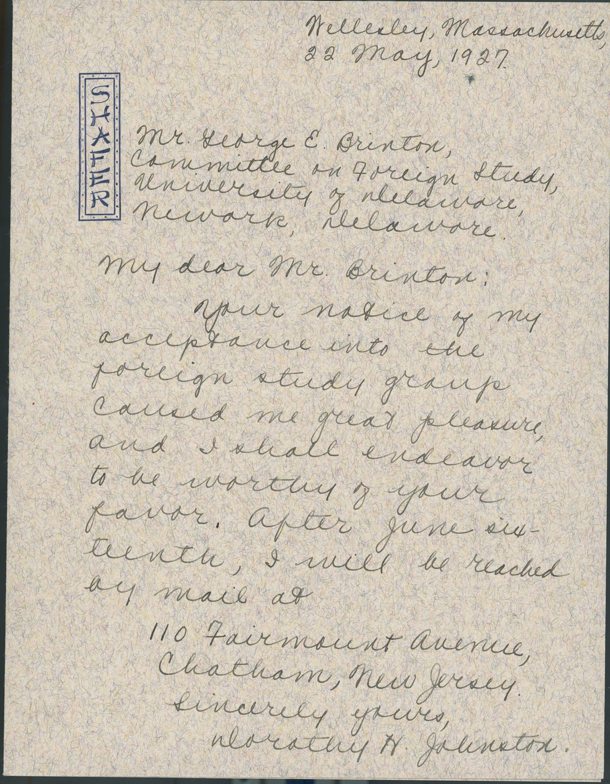 Letter from Dorothy Johnston responding to program acceptance, May 22, 1927