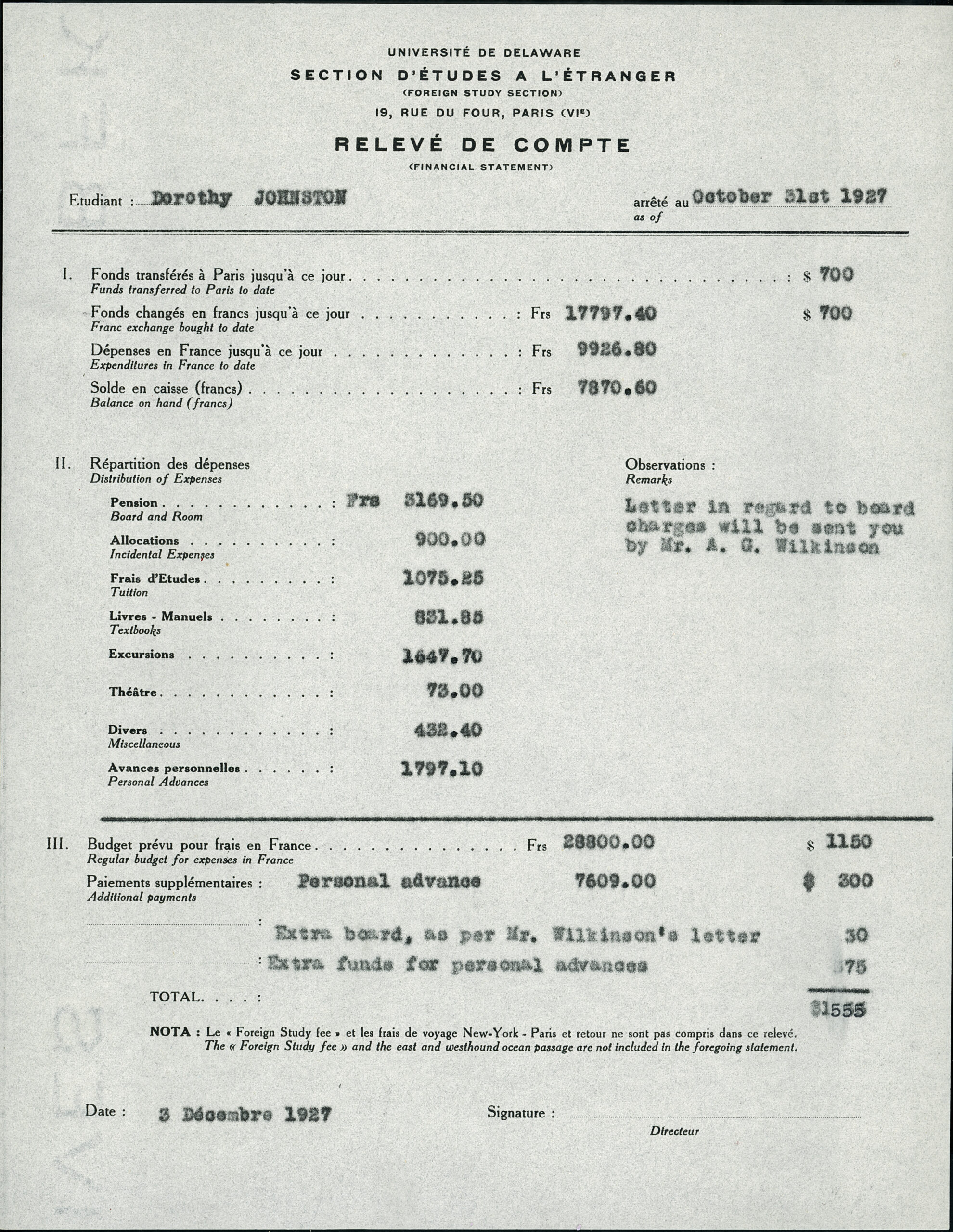 Dorothy Johnston’s Statement of Expenses for 1927-1928 Foreign Study Group