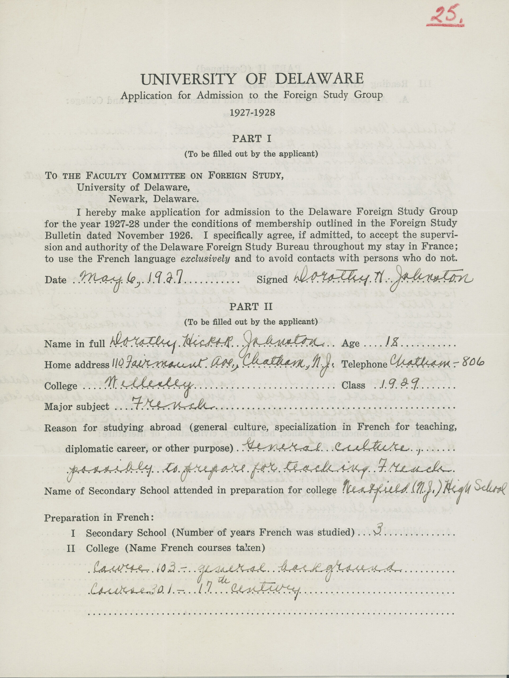 Dorothy Johnston’s Application for Admission to the Foreign Study Group, May 6, 1927