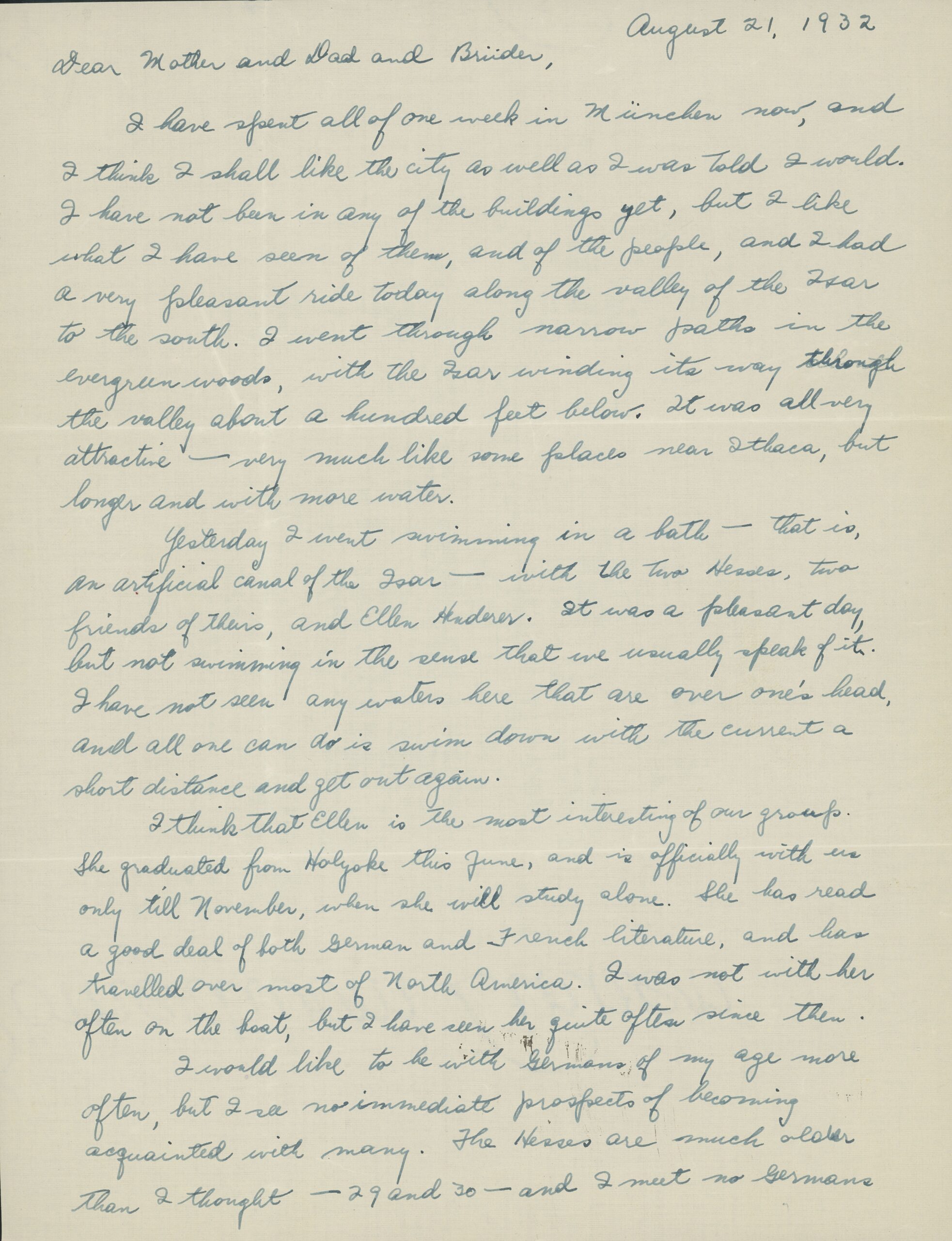 Letter from Henry Hemmendinger to his parents and brothers, August 21, 1932