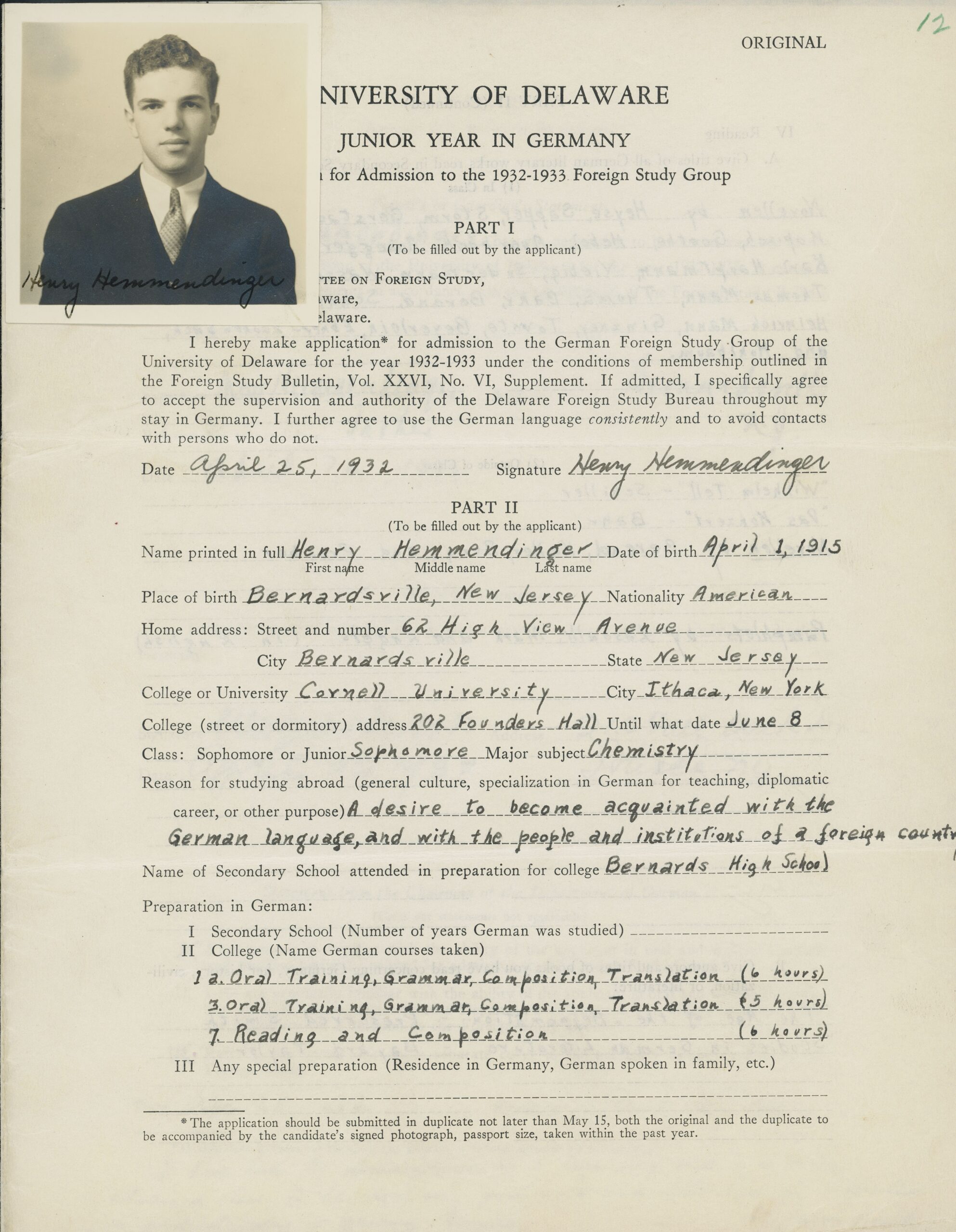 Henry Hemmendinger’s Application for Admission to the Foreign Study Group with photo, April 25, 1932