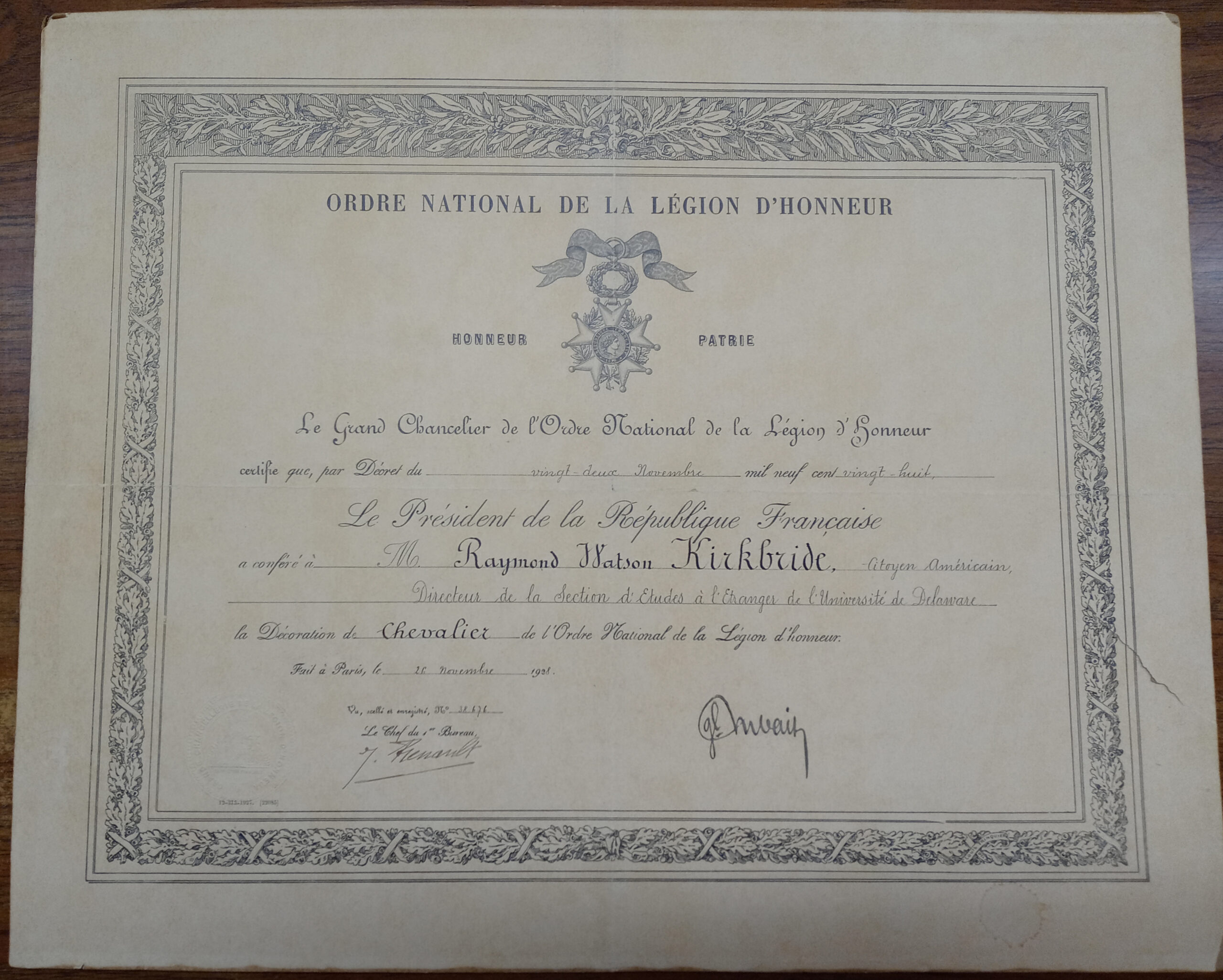 Raymond W. Kirkbride’s Ordre National De La Légion D’Honneur certificate