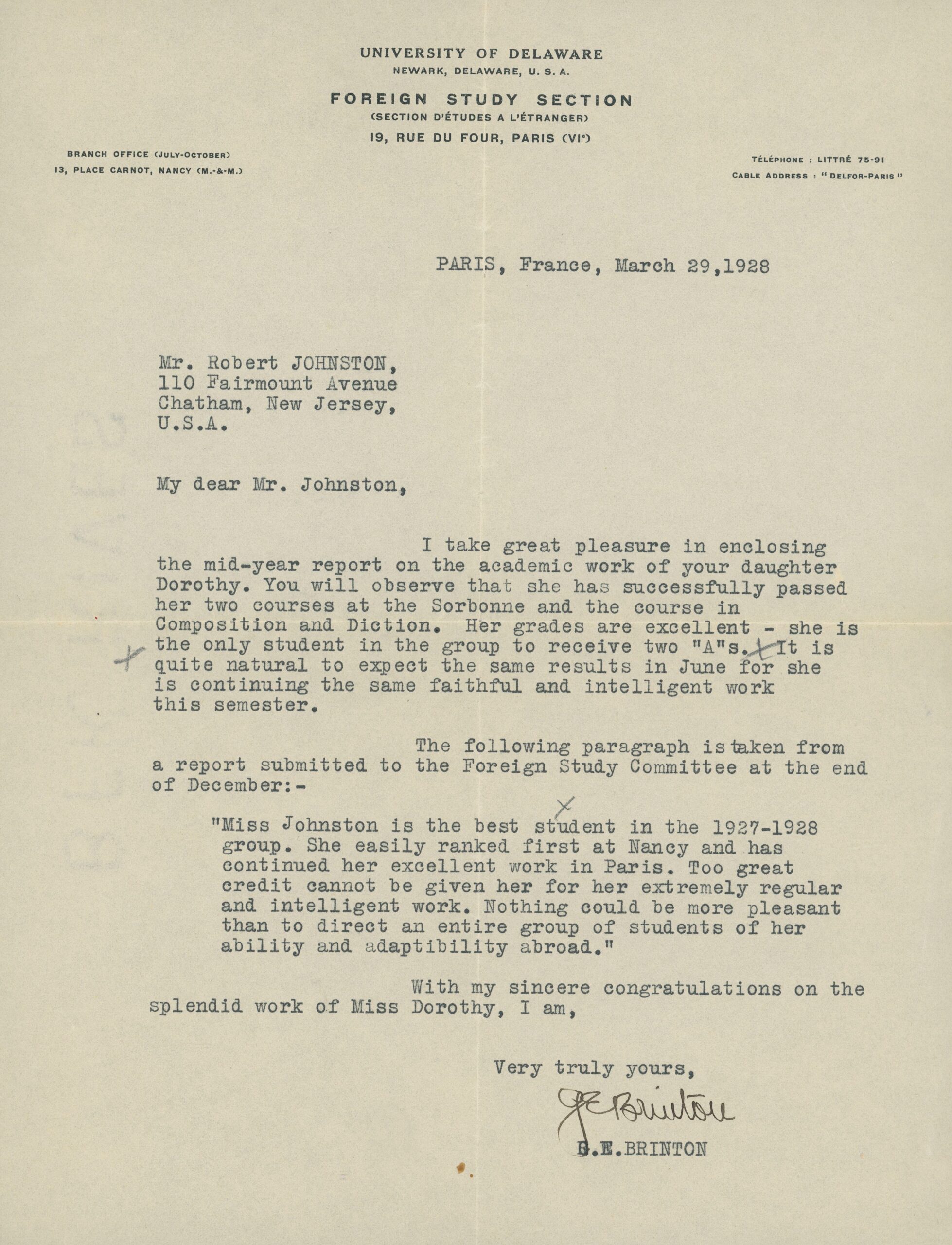 Letter to Mr. Robert Johnston from George Brinton, Director of the Foreign Study Program