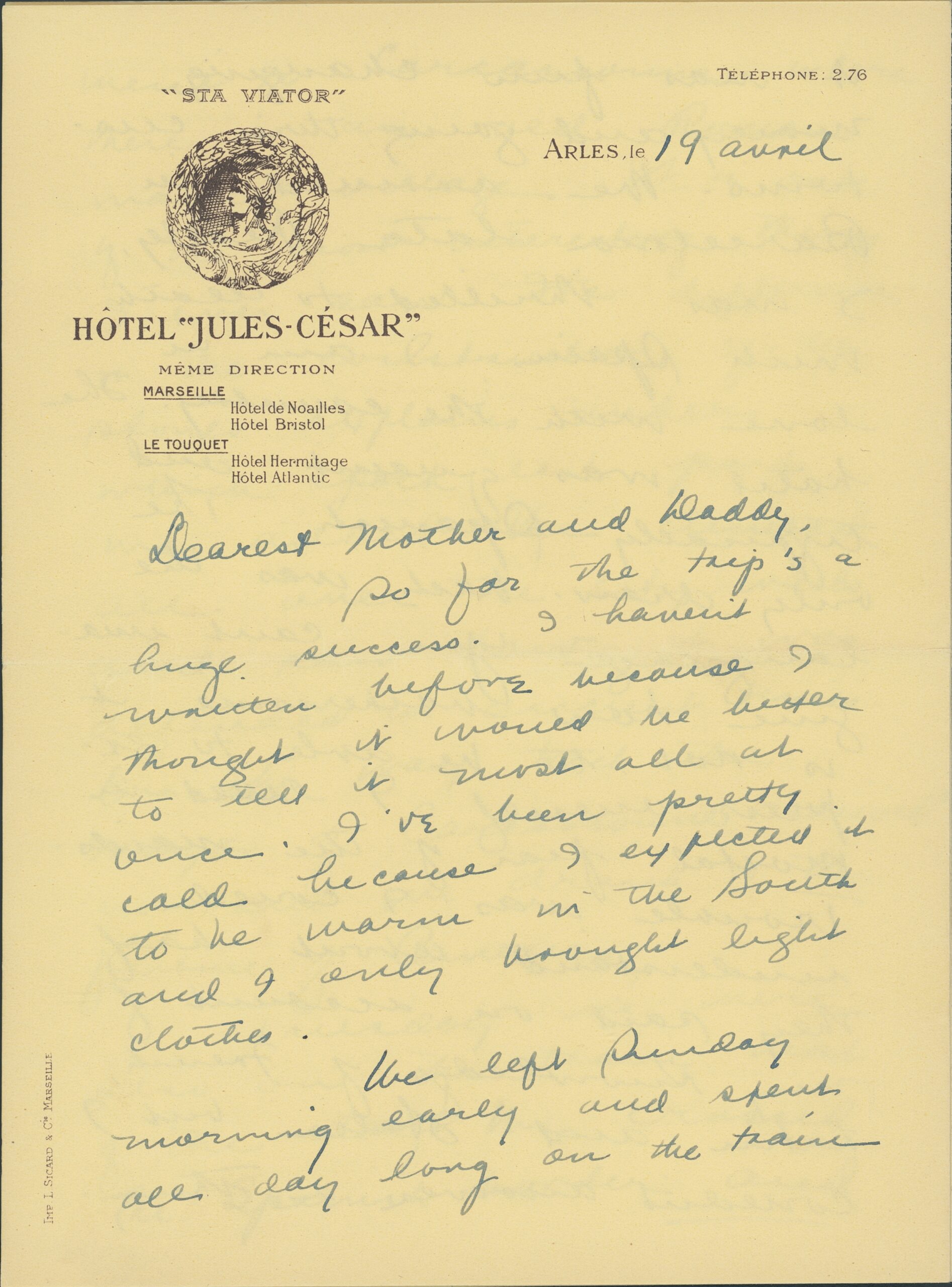 Letter written from a student to their parents, 19 April 1930