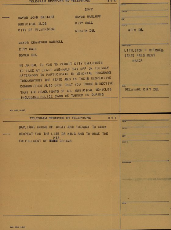 Telegram to Wilmington Mayor John Babiarz, requesting accommodations for Martin Luther King, Jr. memorial programs, 1968 April