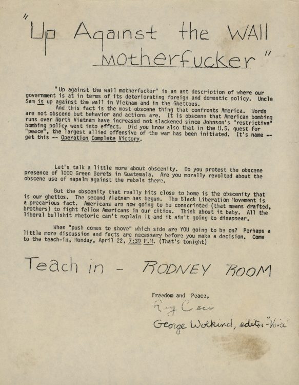 “Up against the wall motherf****r” (teach-in flyer), 1968 April 22