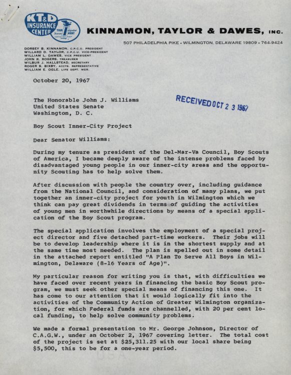 A Plan to serve all boys in Wilmington, Delaware, 9-16 years of age (project proposal with letter from Del-Mar-Va Council president Dr. Walter A. Dew to Senator John Williams), 1967 October 20
