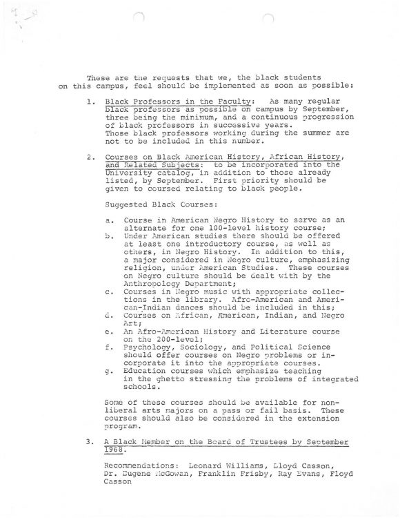 Black Student Demands (document), 1968