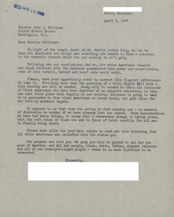 Constituent letter to Senator John Williams calling for action to correct injustice in the wake of Dr. King’s death, 1968 April 8