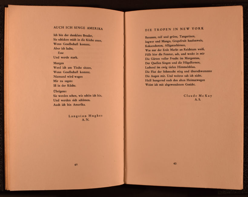 Afrika singt: eine auslese neuer afro-amerikanischer Lyrik. Wien und Leipzig: F.G. Speidel’sche Verlagsbuchhandlung, 1929.