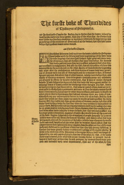 The Hystory, Writtone by Thucidides the Athenyan, of the Warre: Whiche Was Betwene the Peloponesians and the Athenyans. [London]: Imprinted [by William Tylle, 1550].