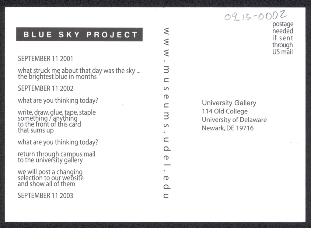 University of Delaware, University Gallery. Blank Blue Sky Project card, circa September 2002