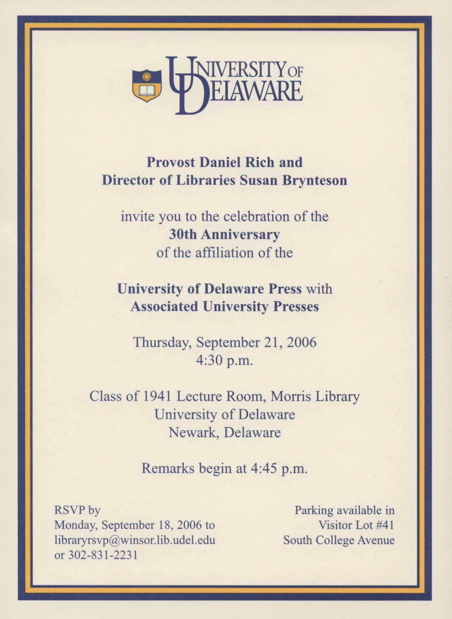 University of Delaware Press 30th Anniversary Invitation