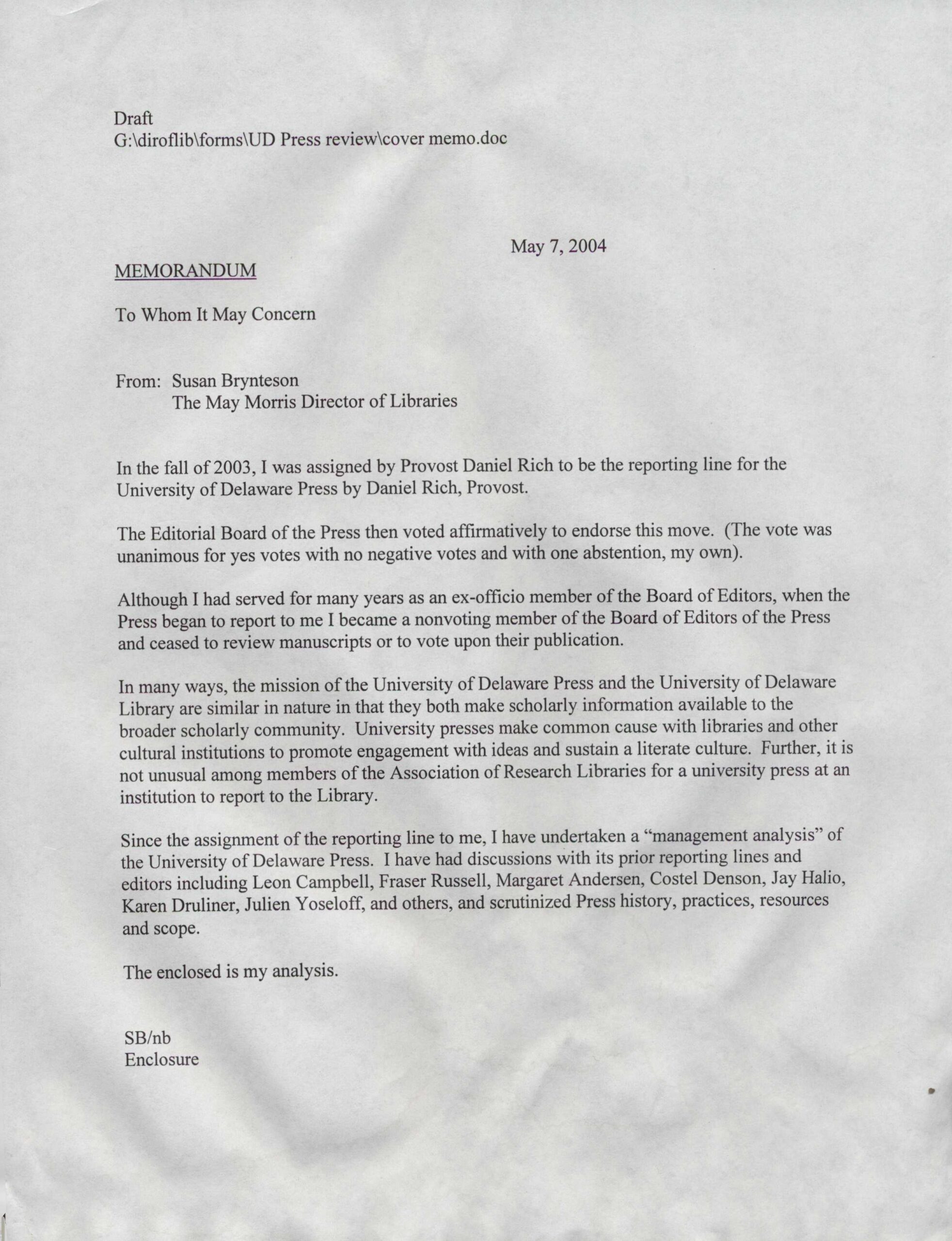 Letter from Susan Brynteson May 7, 2004
