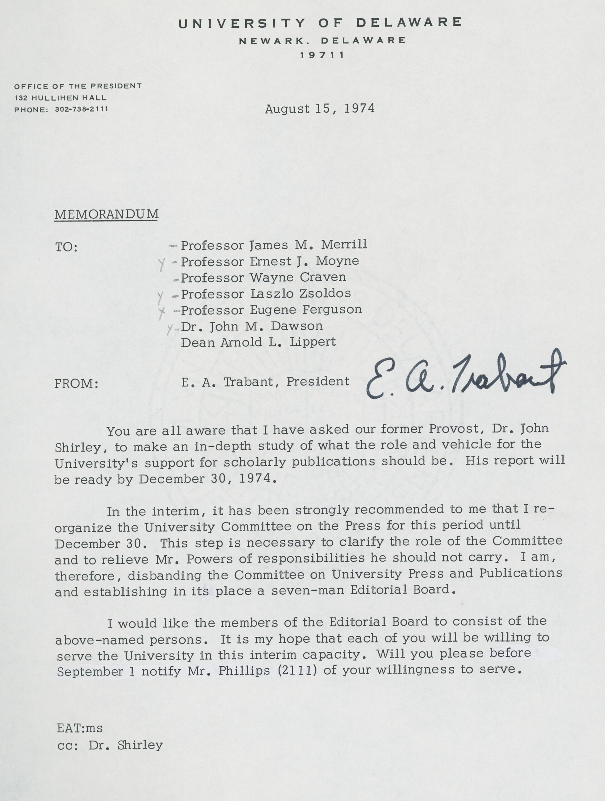 Letter from E. A. Trabant August 15, 1974