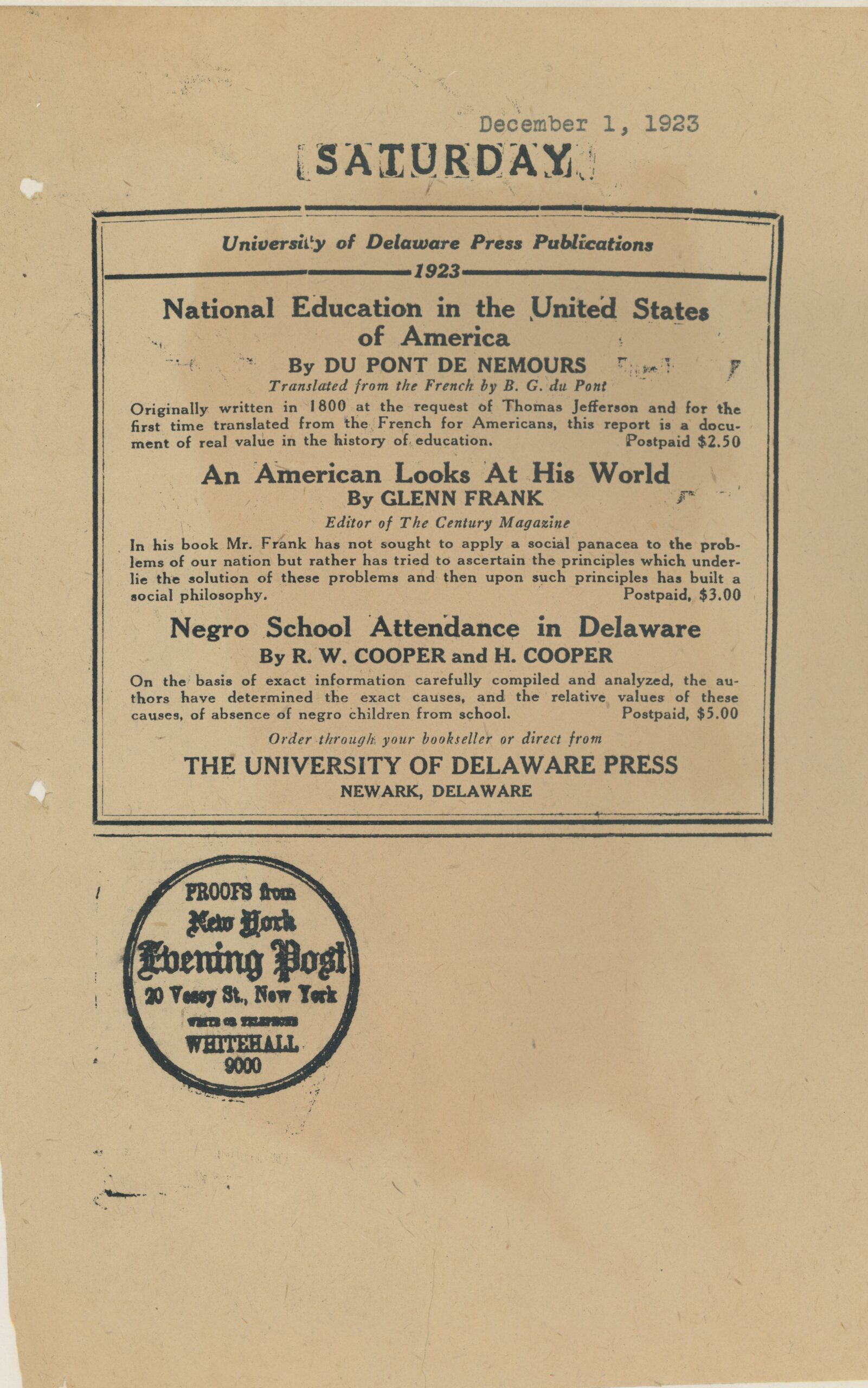 University of Delaware Press Ad December 1, 1923