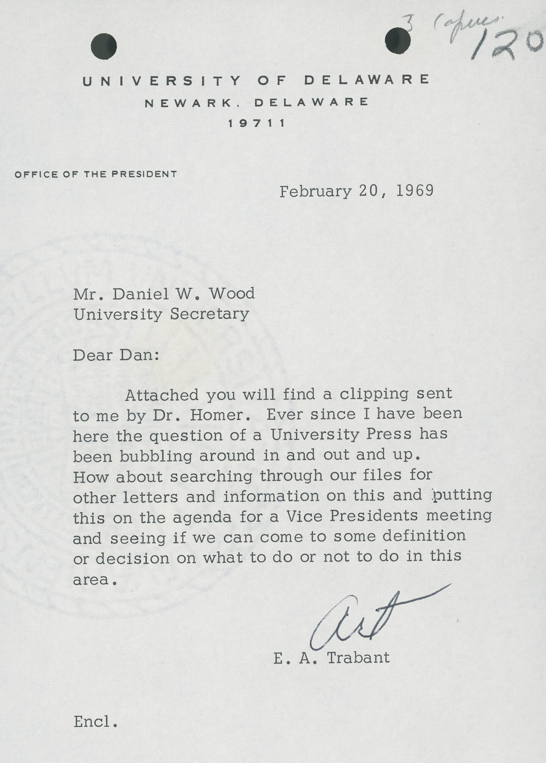 Letter from E. A. Trabant to Daniel W. Wood February, 20 1969