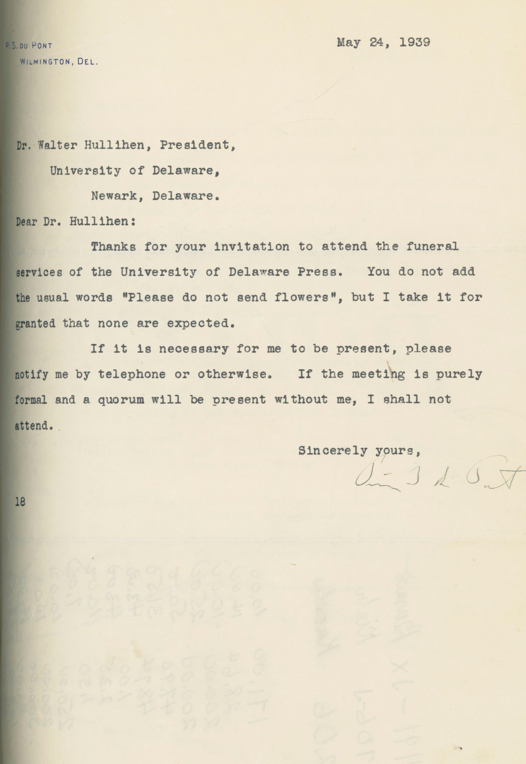 Letter from P. S. du Pont to Walter Hullihen May 24, 1939