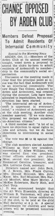 “Change Opposed By Arden Club.” (Wilmington) Morning News, 12 October 1950
