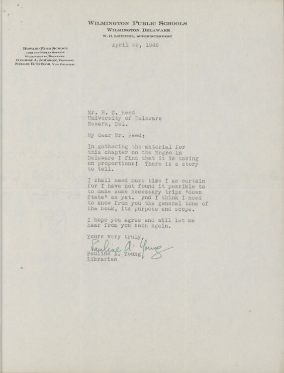 Young, Pauline A. Letter to Henry Clay Reed, 29 April 1946