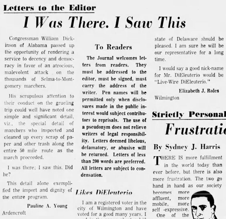 Young, Pauline A. Letter to the editor, (Wilmington) Evening Journal, May 3, 1965