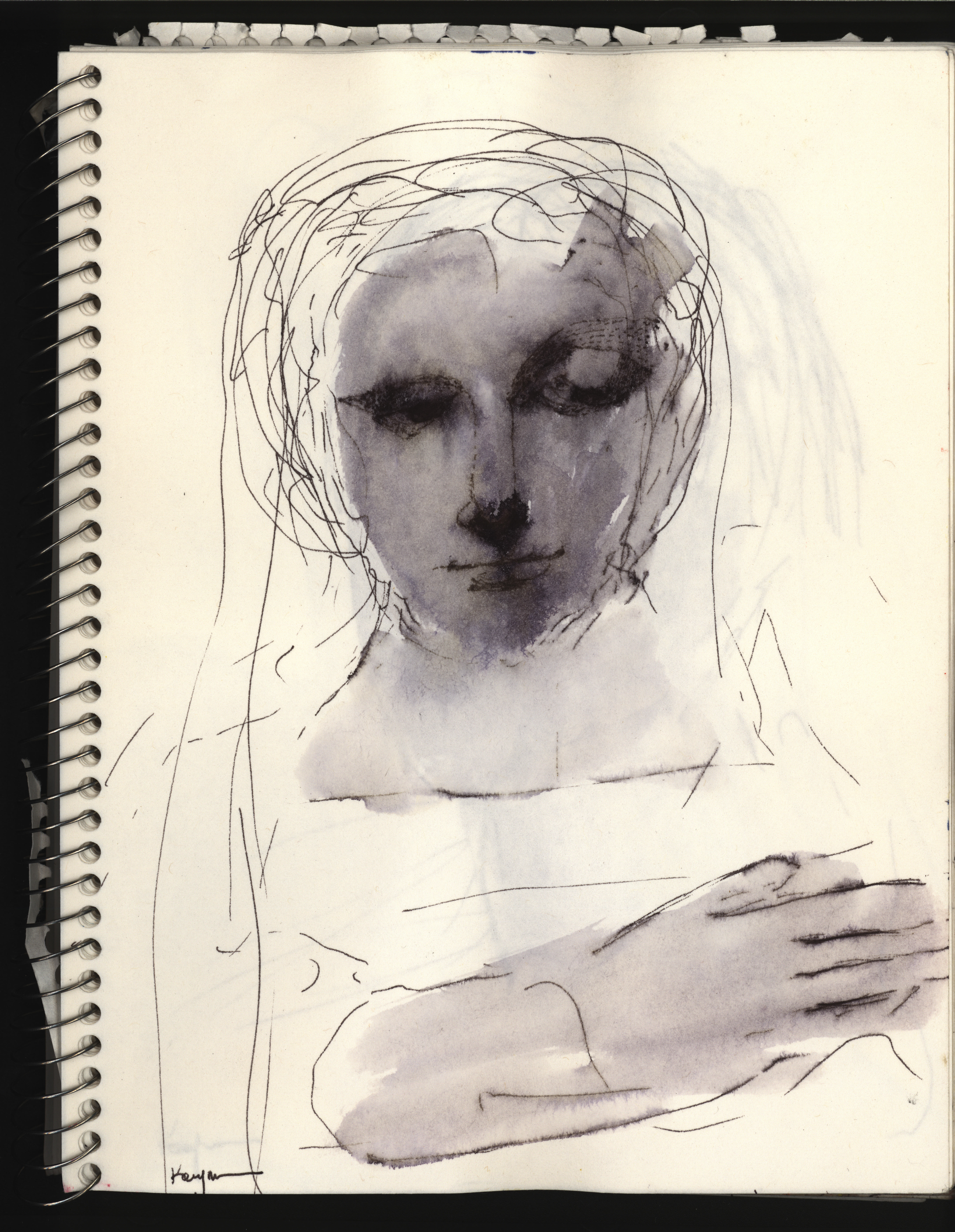 Portrait of a contemplative woman, pen and ink, from Alan Kaufman’s sketchbook, undated.