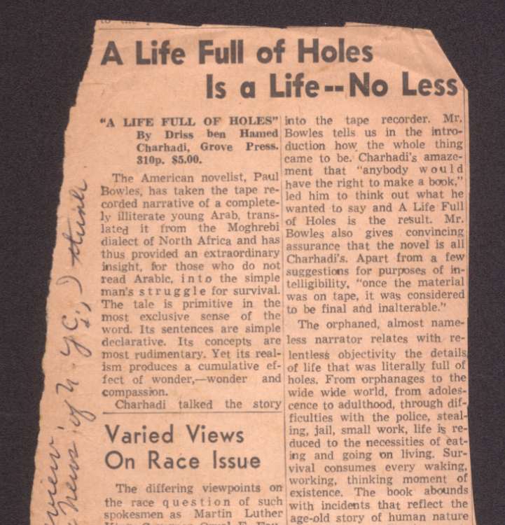 Press clipping for A Life Full of Holes by Driss ben Hamed Charhadi, circa 1964