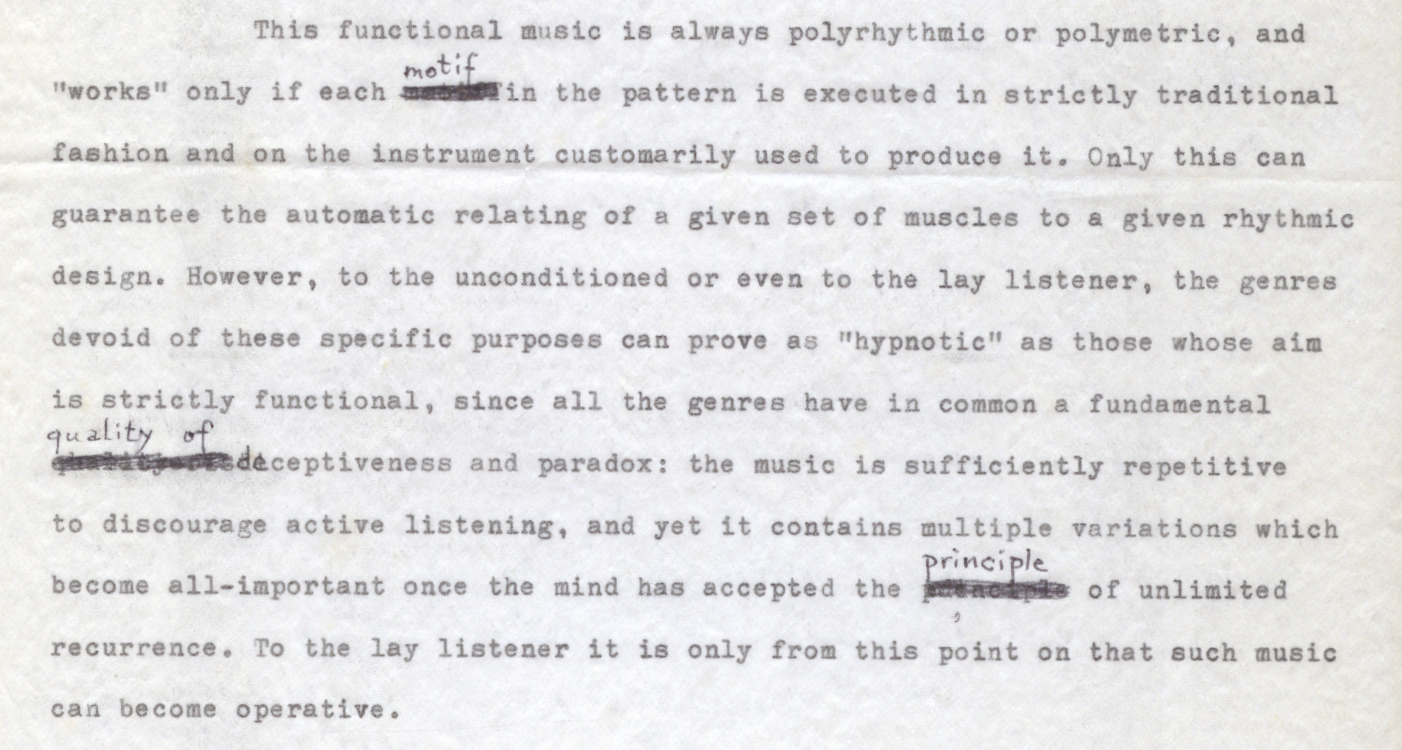 Paul Bowles. “Notes on Musicological Recordings From Morocco: Moroccan Hypnotic Music” corrected typescript, circa 1972 Paul Bowles. “Notes on Musicological Recordings From Morocco: Moroccan Hypnotic Music” corrected typescript, circa 1972