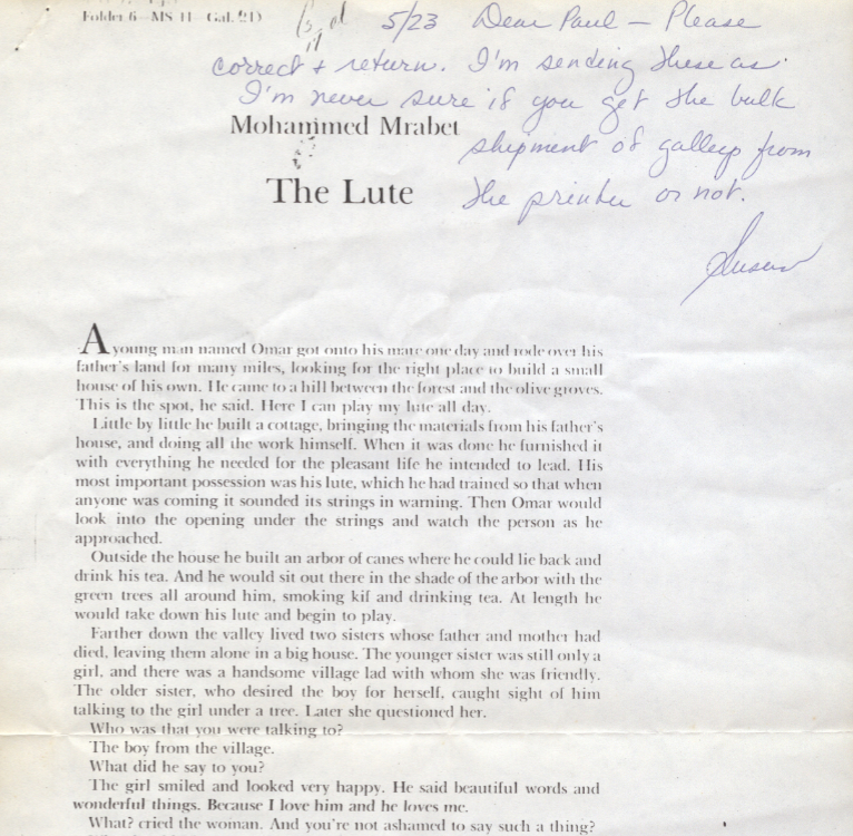 Mohamed Mrabet, The Lute, galley proof, circa 1979