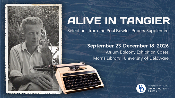 Slider for exhibition featuring title and a photo of Paul Bowles with his parrot, as well as an image of Bowles' typewriter