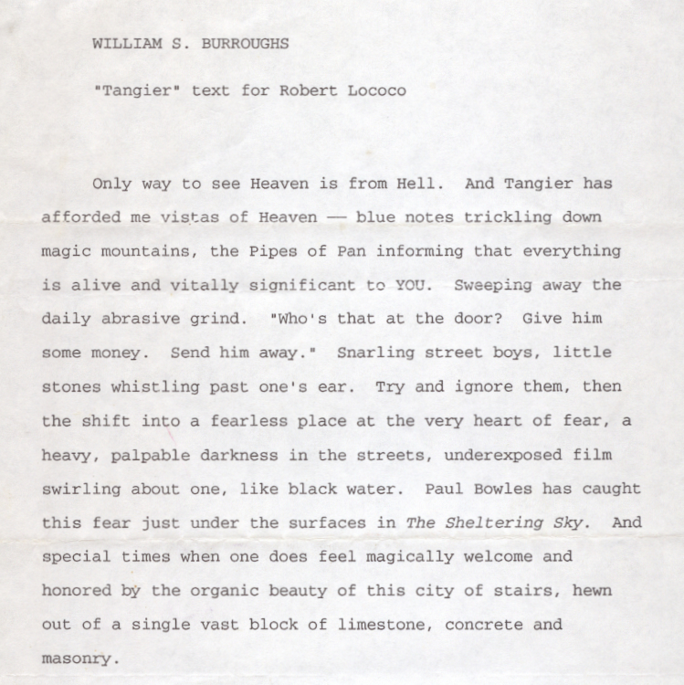 William S. Burroughs. “Tangier” text for Robert Lococo
