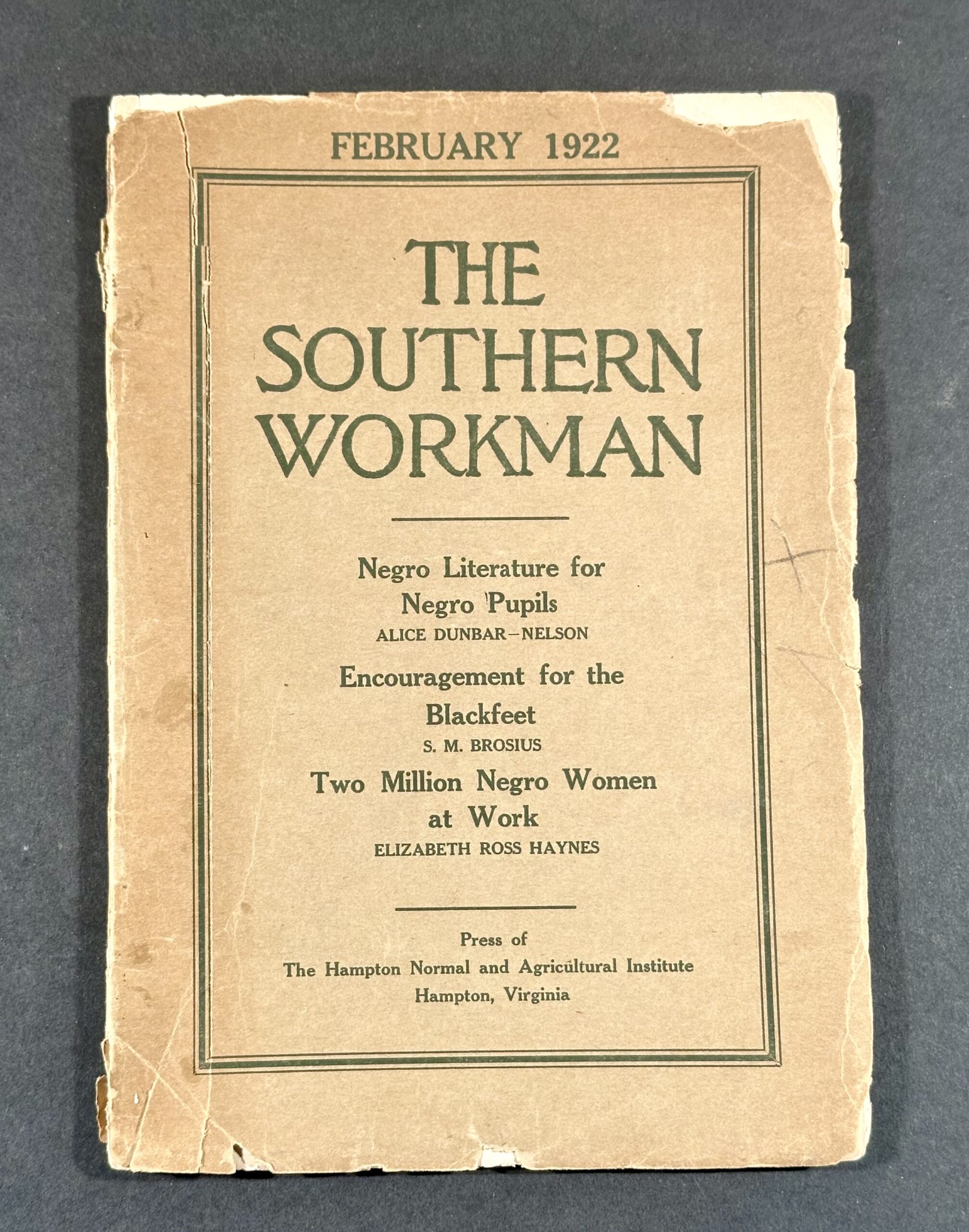 Hampton Institute. The Southern Workman, [February 1922], from the Alice Dunbar Nelson Papers collection