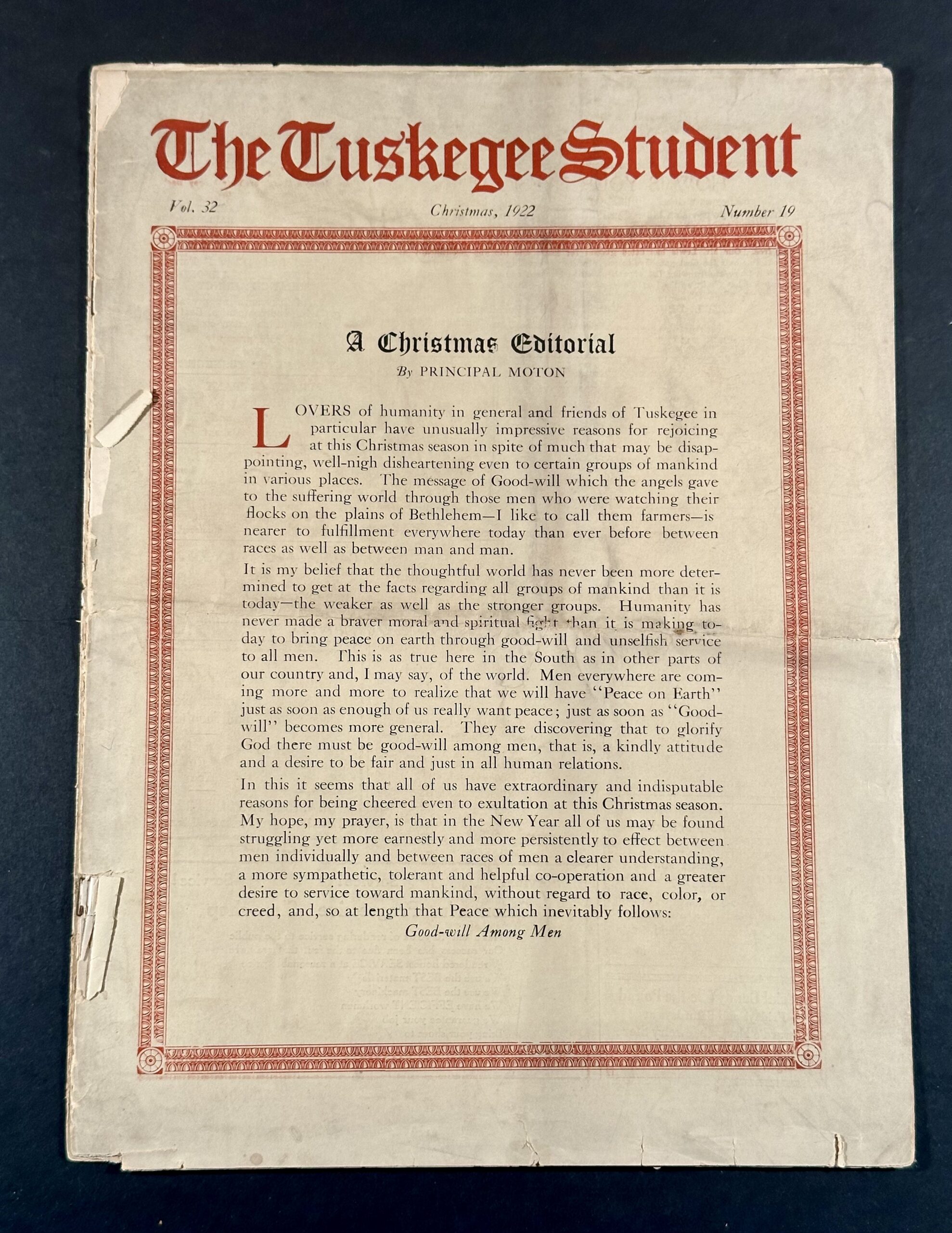 Tuskegee Normal and Industrial Institute. The Tuskegee Student, [Christmas 1922], from the Alice Dunbar Nelson Papers collection