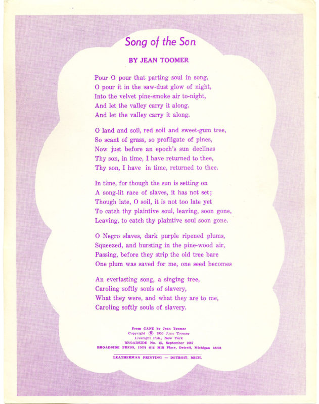 Toomer, Jean. “Song of the Son.” Broadside Press. 1952. Broadside Press broadside series. [Detroit, Mich.]: Broadside Press.