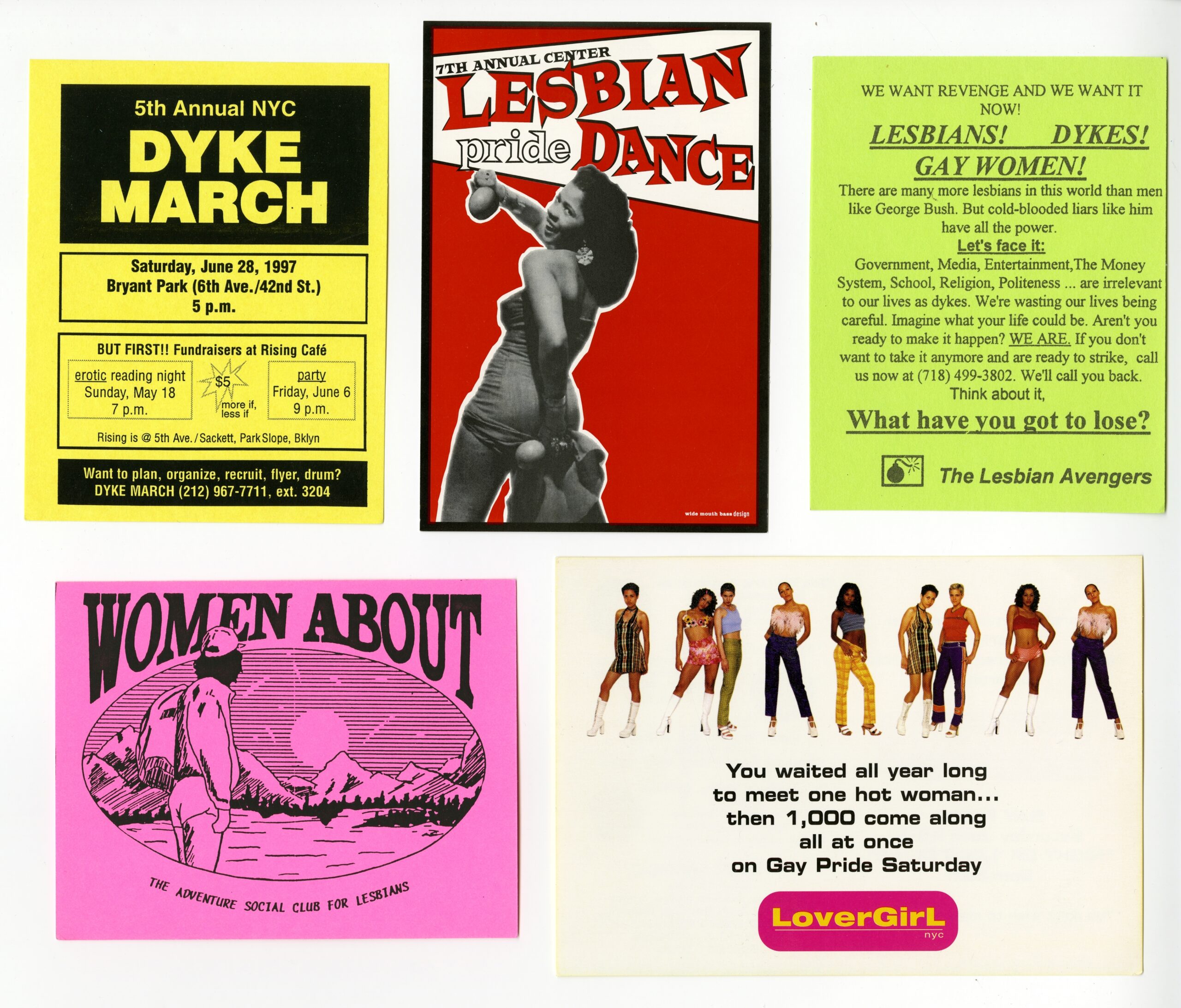 Flyers for lesbian events, venues, and organizations in New York City