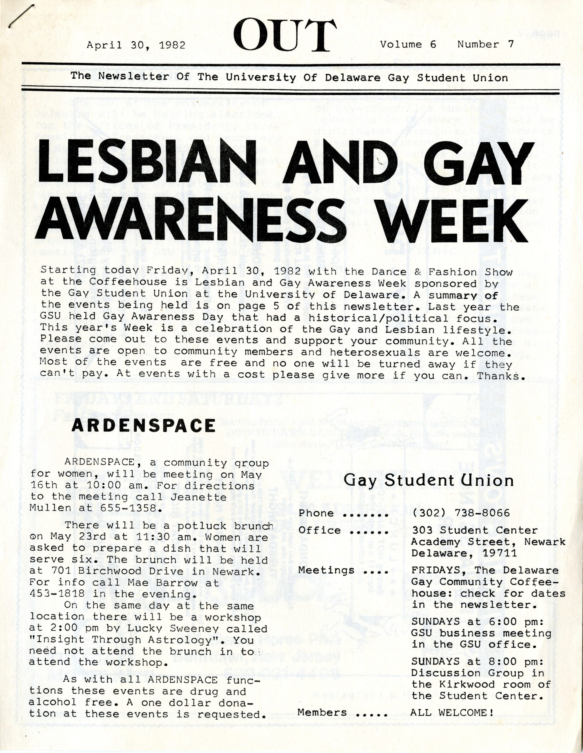 Out: The Newsletter of the University of Delaware Gay Student Union