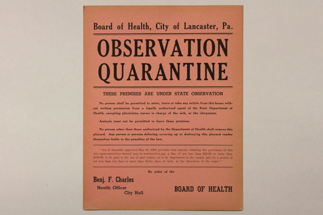 City of Lancaster, Pennsylvania Board of Health. Observation Quarantine Notice. Date unknown.