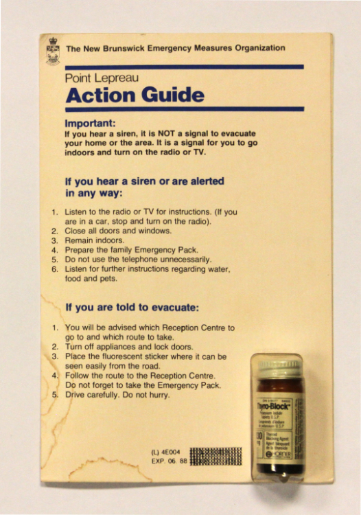 New Brunswick Emergency Measures Organization. Point Lepreau Action Guide with Potassium Iodide (KI) vial. 1973.