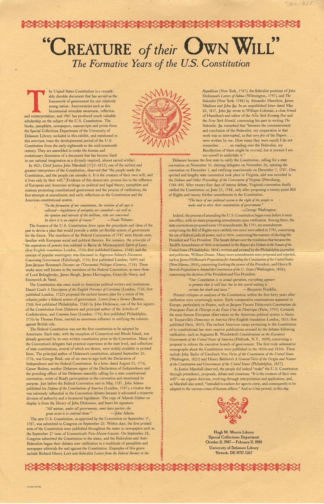 Poster for “Creature of Their Own Will: The Formative Years of the U.S. Constitution” exhibition, 1987