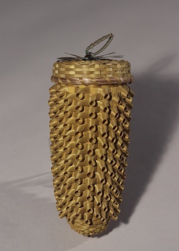 Rocky Keezer (Passamaquoddy Tribe at Sipayik [or Pleasant Point], Maine, b. 1969), Ear of Corn Lidded Basket, ca. 2008, dyed and natural brown ash, sweetgrass.
