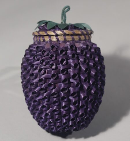 Clara Neptune Keezer (Passamaquoddy Tribe at Sipayik [or Pleasant Point], Maine, 1931-2016), Blueberry Basket, ca. 2008, dyed and natural brown ash, sweetgrass.