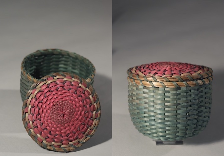 Rocky Keezer (Passamaquoddy Tribe at Sipayik [or Pleasant Point], Maine, b. 1969), Watermelon Basket, before 2008, dyed and natural brown ash, sweetgrass. Two views.